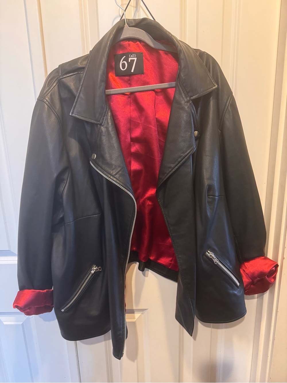 All 67 Black Leather Biker Jacket with Red Satin Lining